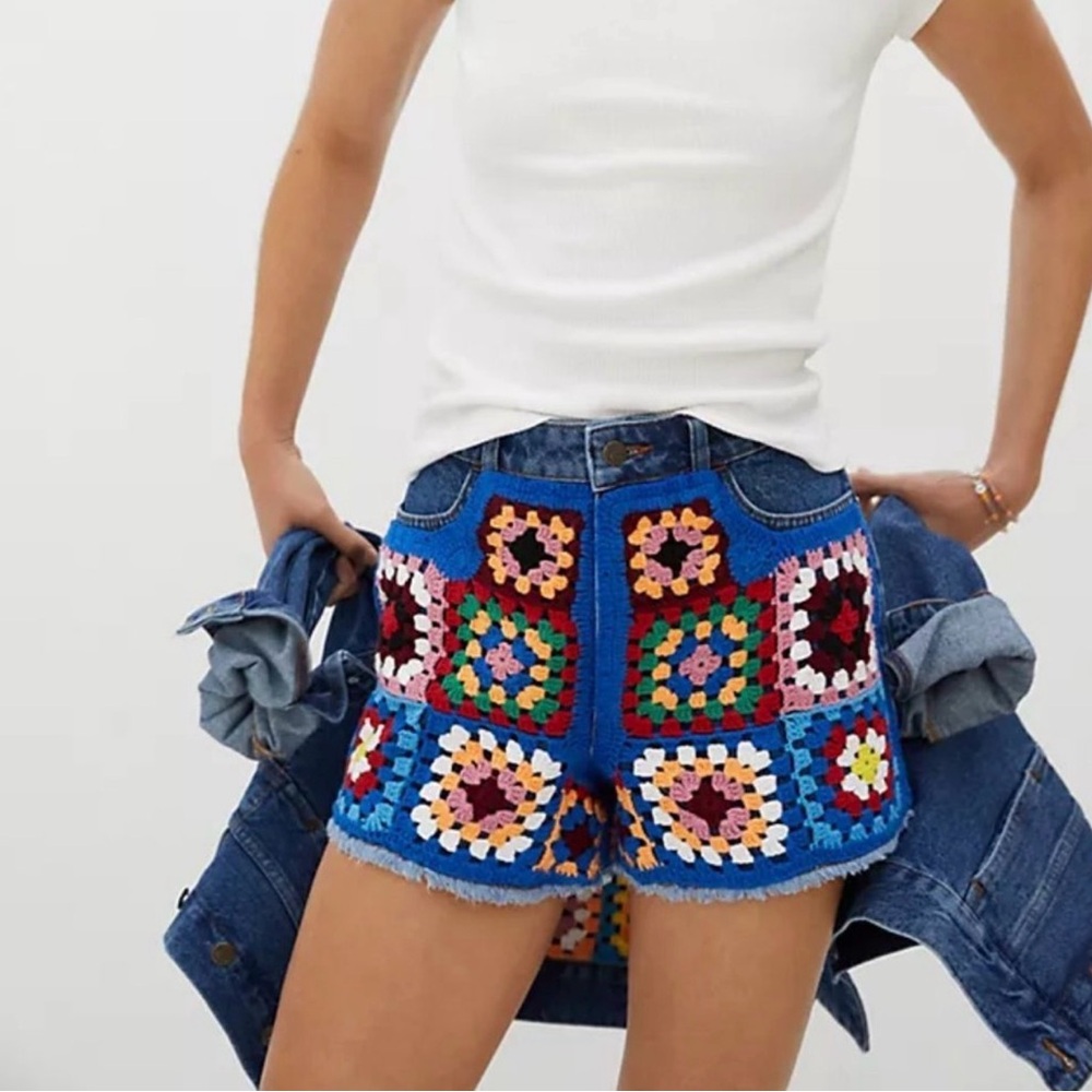 Farm Rio Colorful Crochet Knit Denim Jeans Shorts - 31